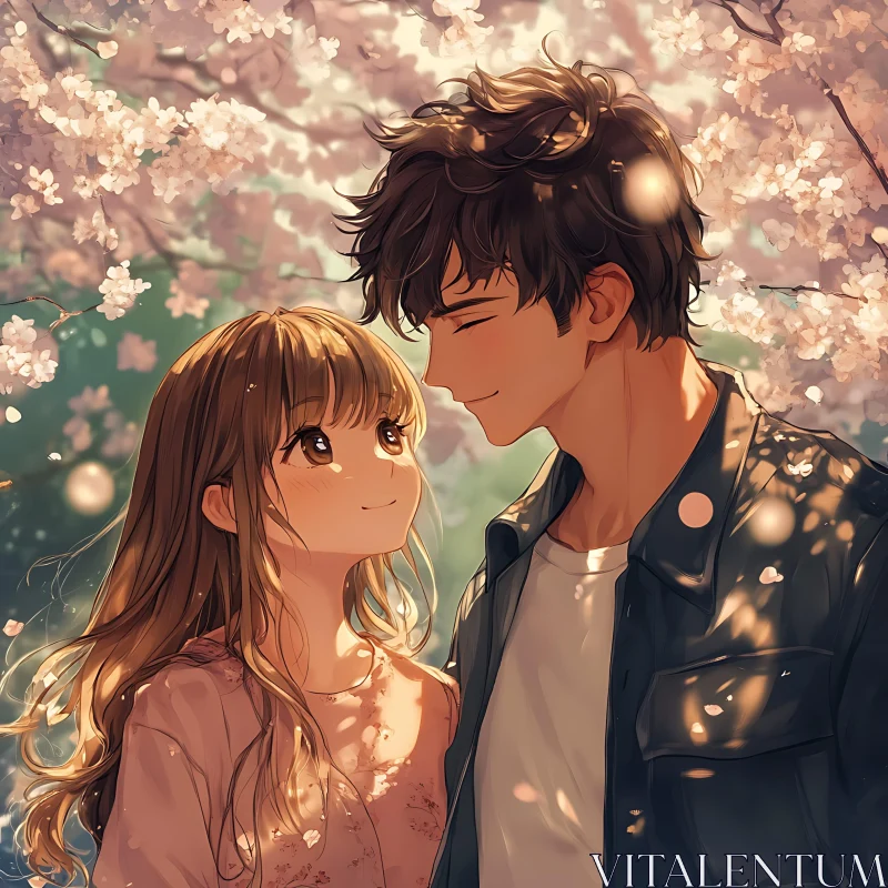 Romantic Anime Scene with Blossoming Trees AI Image