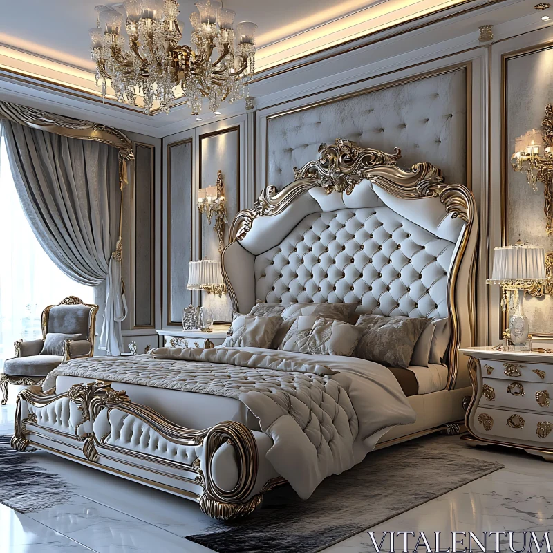 AI ART Opulent Bedroom with Tufted Bed and Crystal Chandelier