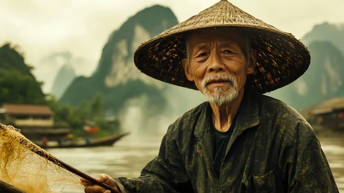 Old Fisherman with Net on River