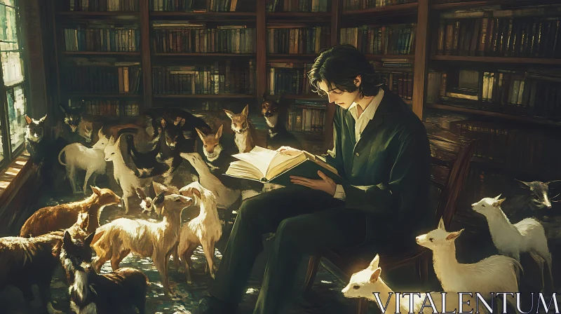 Man Reading to Deer in Old Library AI Image