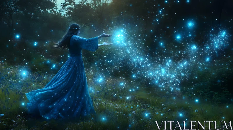 AI ART Mystical Forest Woman with Glowing Sparks