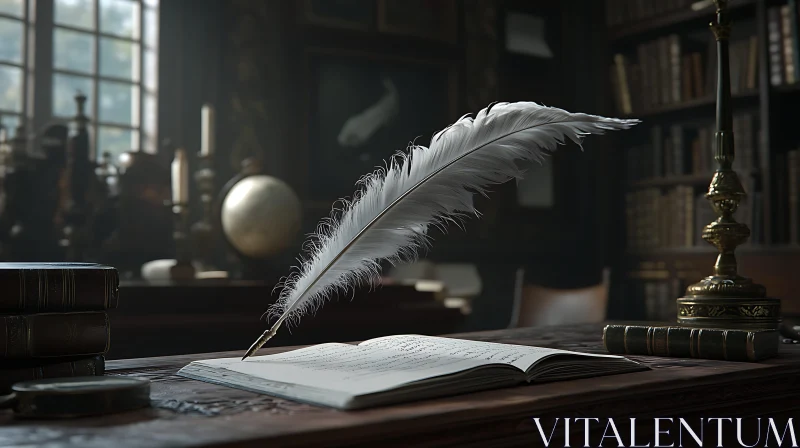 Feather Quill Writing in Library AI Image