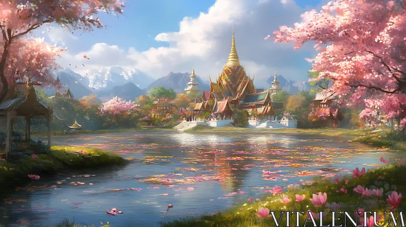 Tranquil Temple Scene with Cherry Blossoms AI Image