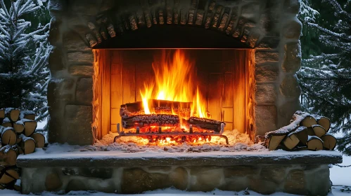 Winter Outdoor Fireplace with Snow and Logs