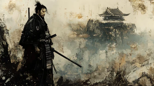 Lone Samurai with Temple View