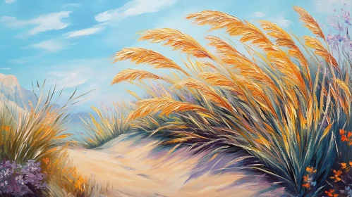 Golden Grasses Field Under Blue Sky