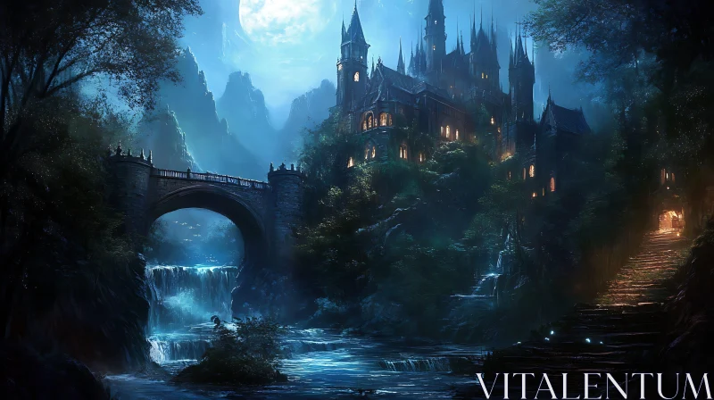 AI ART Moonlit Castle and Stone Bridge