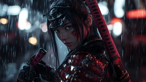 Samurai Woman in Rainy Night