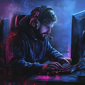 Gamer Deep in Concentration with Neon Lights
