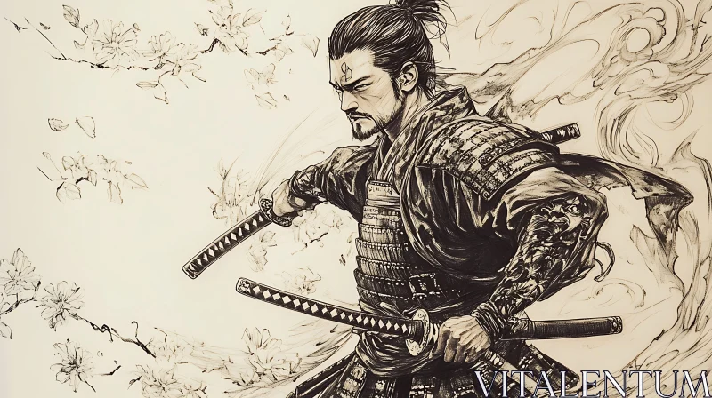 AI ART Monochrome Samurai Art with Cherry Blossoms