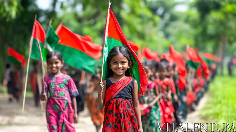 Procession of Children Waving Flags AI Image