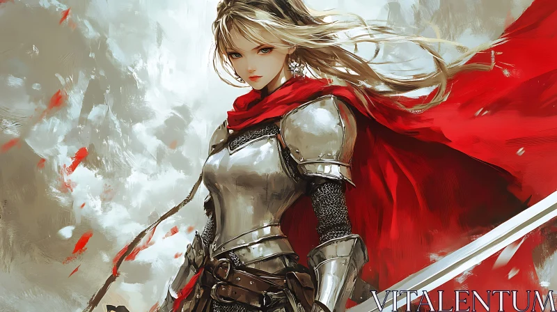 AI ART Female Knight with Sword and Red Cloak