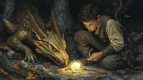 Fantasy Scene: Boy, Dragon, and Glowing Orb