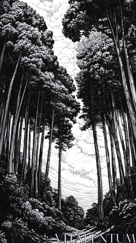 AI ART Intricate Forest Pathway in Monochrome