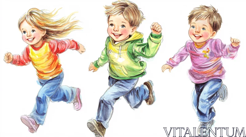 Watercolor Painting of Happy Running Children AI Image