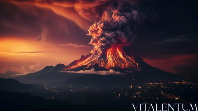 Active Volcano Rising Over City at Night | Joyful Celebration of Nature AI Image