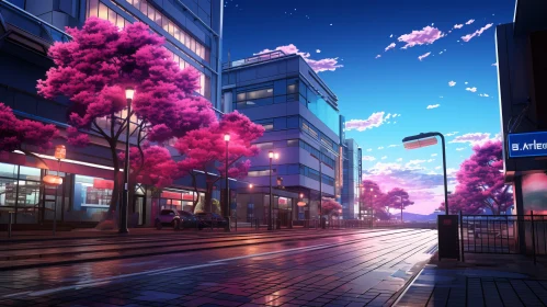 Anime Cityscape at Sunset with Cherry Blossoms