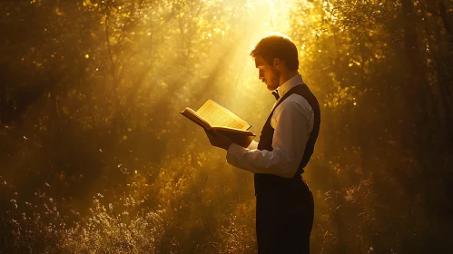 Man reading book in forest sunlight