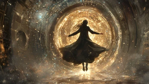 Figure Before a Swirling Light Portal
