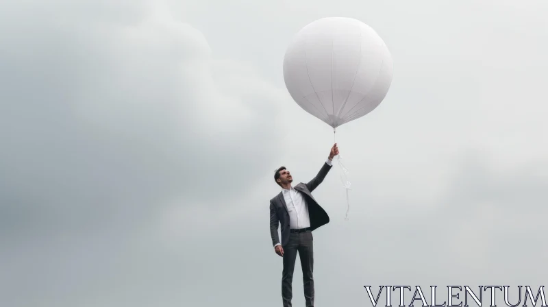 Businessman in Suit with White Balloon Against White Sky AI Image