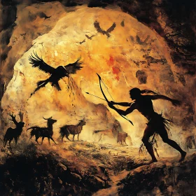 Prehistoric Hunter and Animals Silhouette Art