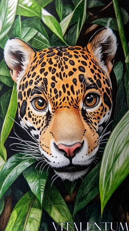 Jaguar Peering Through Leaves AI Image