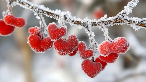 Frozen Heart Shaped Berries on Branch