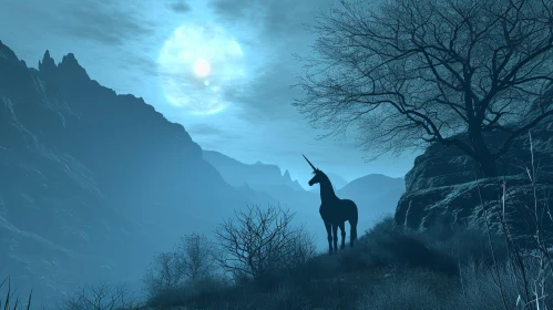 Dark Blue Landscape with Full Moon and Unicorn