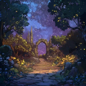 Mystical Night Garden with Stone Arch