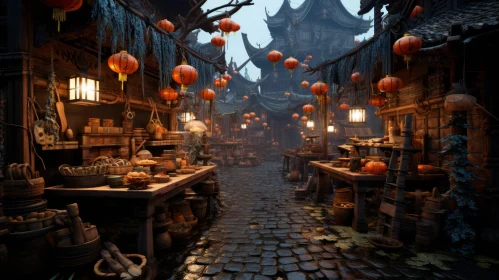 Enchanting Asian Village Scene with Mystical Creatures
