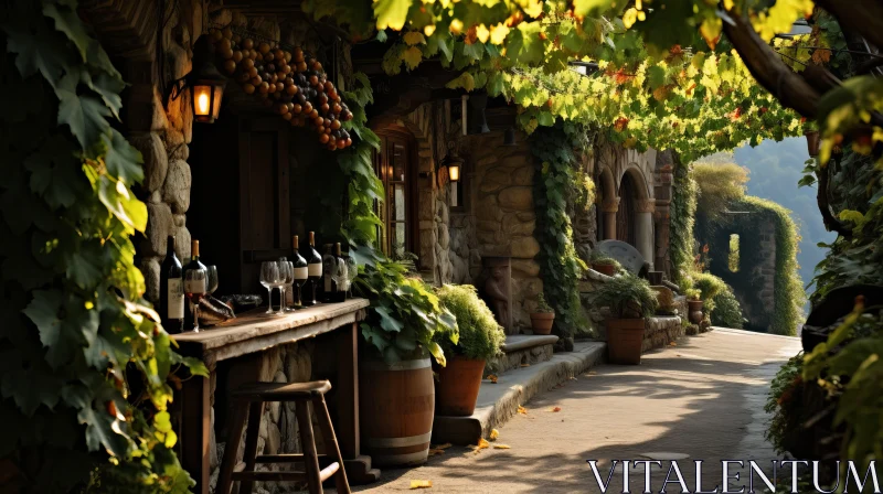 AI ART Enchanting Streetscape with Old Wine Bar and Stone Church