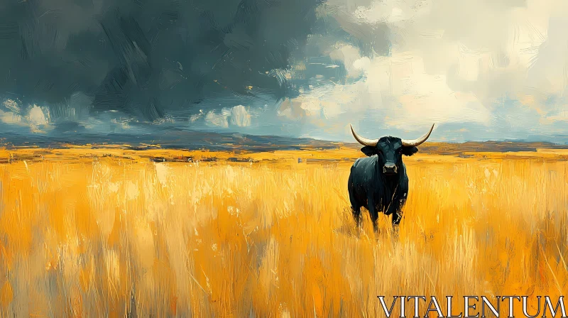 Bull in Golden Grass Landscape AI Image