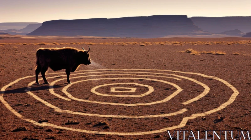 Intriguing Image: Bull in a Spiral Crop Circle in Desert AI Image