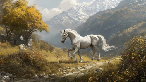 Majestic Unicorn in a Serene Mountain Valley - Digital Painting