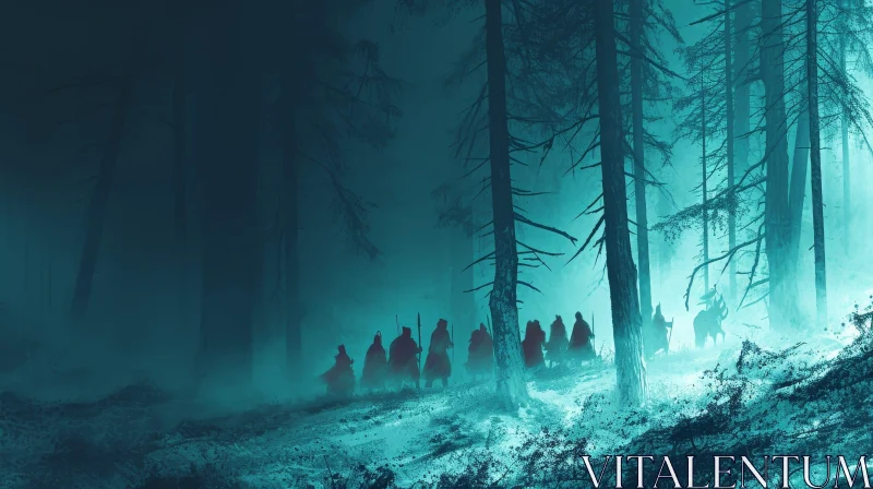 Mysterious Forest Scene with Tall Trees and Snow AI Image