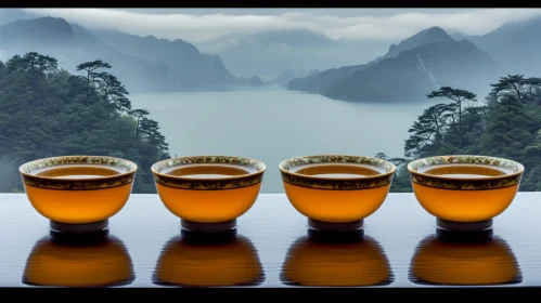 Serene Tea Cups by the Lake: A Captivating Image of Traditional Chinese Landscape