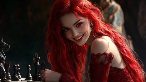 Chess Game with Red-Haired Beauty