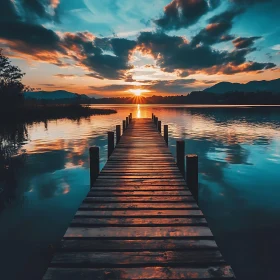 Wooden Dock Leading to Sunset Lake