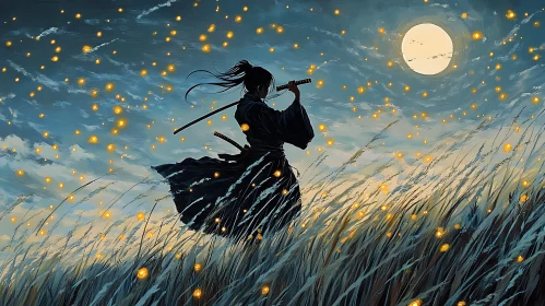 Moonlit Samurai Warrior Painting