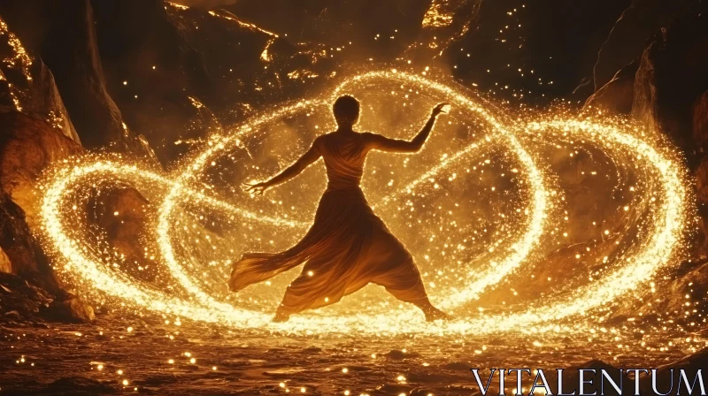 Golden Energy Silhouette in Cave