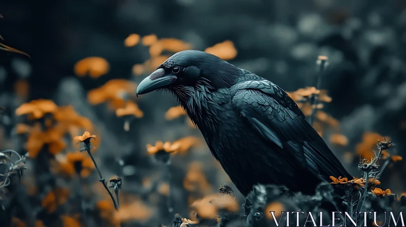 Dark Bird and Yellow Flowers Image