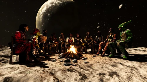Alien Campfire Story Under Distant Planet