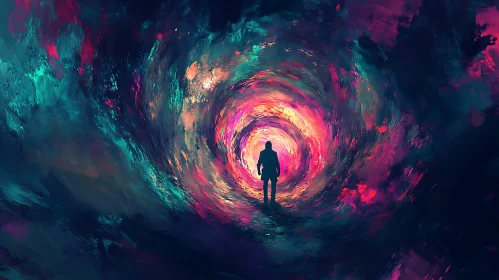 Figure in Front of Abstract Swirl Portal