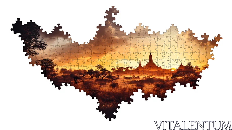 Golden Hour Puzzle Art: Temple Silhouette