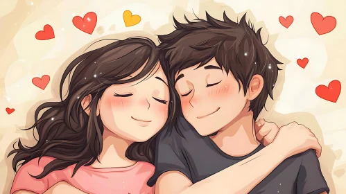 Cartoon Couple Surrounded by Hearts