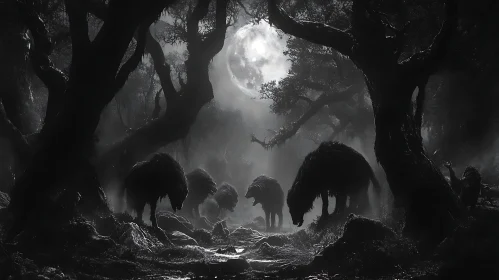 Monochrome Moonlight Forest with Animals