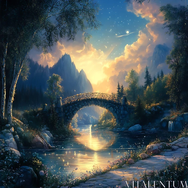 Serene Landscape with Arching Bridge