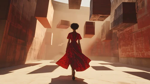 Floating Cubes and Woman in Red