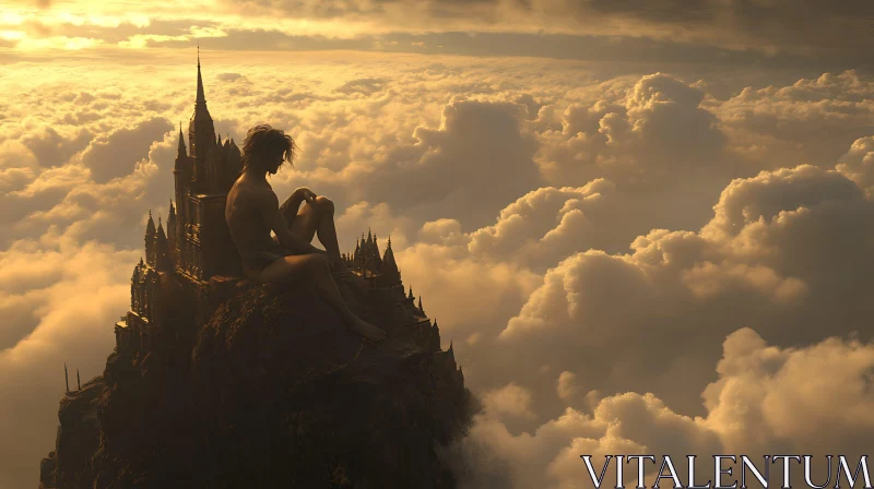 Man on the castle above the clouds AI Image