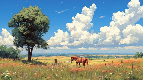 Peaceful Meadow and Horse Painting